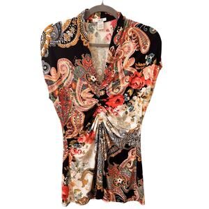 y2k Vintage Cache Multicolor Paisley Floral Ruched V-Neck Top Stretch Boho Sz S